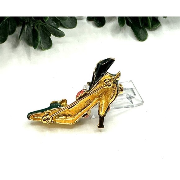 Vintage Enamel High Heel Shoe Brooch Pin Green Gold Tone - Picture 4 of 6